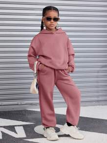 SHEIN Set 2 bucăți pentru fete Tween, cu hanorac și pantaloni groși, căptușiți cu captuseală termică, ținută școlară/casual