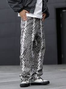 Manfinity Homme Men's Snakeskin Print Loose Wide-Leg Jeans - Grey - View 7