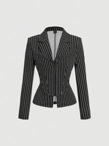 SHEIN MOD 1 件女式黑白条纹修身西装外套，紧身胸衣，骨腰，极简主义时尚，休闲和日常穿着，新年，街头服装，办公室，女士冬季外套，女士复古服装，女士冬季服装，商务休闲女士，哥特，老钱风格女士 - 黑與白 - 查看 1