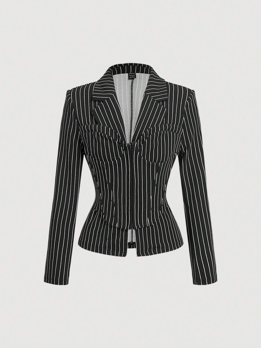 SHEIN MOD 1 件女式黑白条纹修身西装外套，紧身胸衣，骨腰，极简主义时尚，休闲和日常穿着，新年，街头服装，办公室，女士冬季外套，女士复古服装，女士冬季服装，商务休闲女士，哥特，老钱风格女士 - 黑與白 - 查看 1