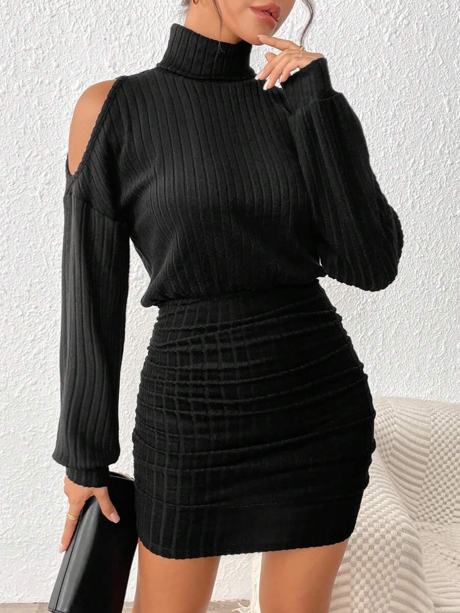 INAWLY Women Solid Color High Collar Off Shoulder Long Sleeve Ruffle Mini Dress For Fall - Black - View 1