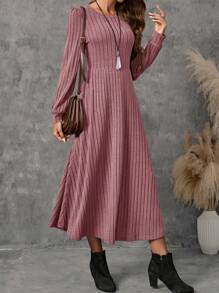 EMERY ROSE 圆领、长袖、灯笼袖、大裙摆长裙、中长款女装、秋季女装、冬季女装 - 粉色 - 查看 3