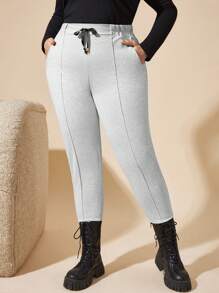 RueChic Plus Size Casual & Versatile Solid Color Slim Fit Pants - Light Grey - View 4