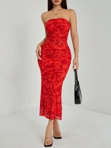 SHEIN PETITE 优雅植物印花垂坠紧身网眼迷你连衣裙