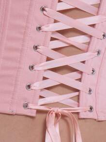 MUSERA 编织骨架镂空系带束身胸衣上衣，可爱度假优雅抹胸上衣，修身毕业季外出上衣，优雅春夏节日 - 粉色 - 查看 5