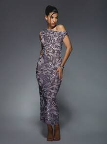 MISSGUIDED Y2K Futuristic Sequin Asymmetric Neckline Draped Off-Shoulder Maxi Dress - Purple - View 1