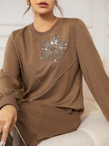 Mulvari Embroidered Beaded Ribbed Sleeve Round Neck Dress Sweatshirt For Women, Autumn/Winter - Mocha Brown - View 8
