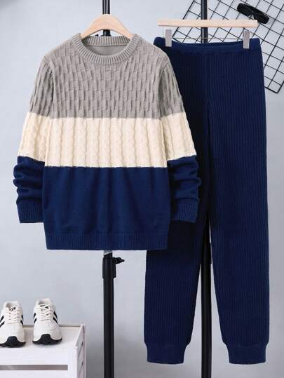 青少年男孩拼色纹理针织毛衣和长裤套装，适合秋冬季穿着