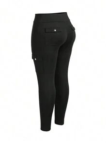 EMERY ROSE 大码女式时尚纯色口袋设计紧身裤 - 黑色 - 查看 3