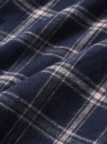 DAZY 复古格子女士休闲落肩长袖单排扣衬衫，秋季，法兰绒女士 - 藏蓝色 - 查看 3