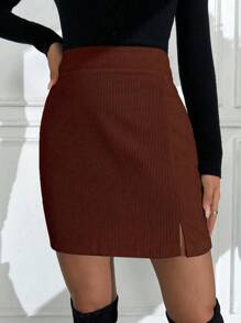 SHEIN Clasi Jupe crayon zippée A-line en velours côtelé pour femme, automne/hiver