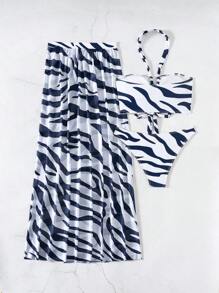 Swim Vcay Bộ 3 món/Bộ 2025 Đồ bơi bikini hai mảnh họa tiết ngựa vằn đi biển mùa hè - Màu xanh hải quân - Xem 3