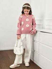 Jersey de punto con cuello en V y diseño floral intarsia informal para niñas preadolescentes