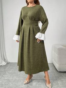 Mulvari Vestido casual simple de manga larga con cuello redondo y cintura, apto para uso diario, talla grande