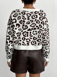 EURMUSE Leopard Pattern Knit Crewneck Sweater, Casual For Autumn/Winter - Brown - View 2