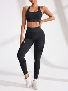 Easithlete 女士露背吊带背心和运动紧身裤套装 女士健身套装 - 黑色 - 查看 4