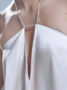 MUSERA 缎面镶钻饰边层叠连衣裙，春夏优雅度假派对新娘单身派对婚礼礼服 - 奶油色 - 查看 6