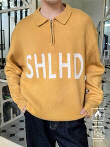 Manfinity CasualKnits Men's Letter Graphic Drop Shoulder Zip-Up Casual Sweater For Autumn/Winter - Multicolor - View 1