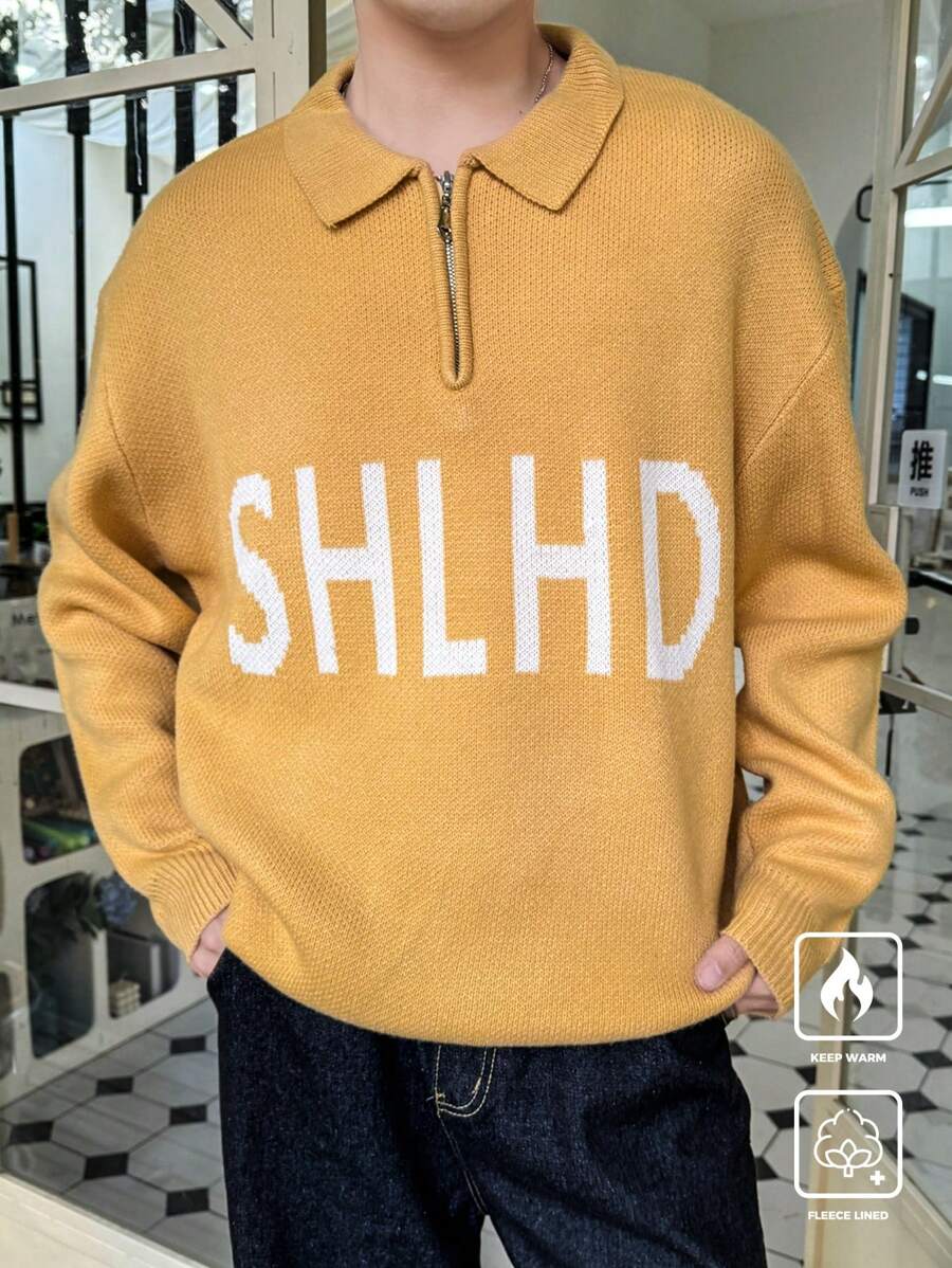 Manfinity CasualKnits Men's Letter Graphic Drop Shoulder Zip-Up Casual Sweater For Autumn/Winter - Multicolor - View 1