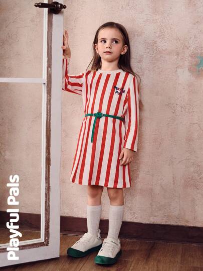 SHEIN 1 Pc Young Girls T-Shirt Dresses Colorful Stripes Without Belt Cute/Vintage/Casual/Outdoor Autumn/Winter/Spring Suitable For School And Outings