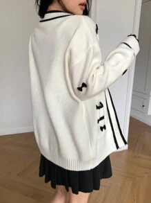 SHEIN MOD Casual Contrast Color Trim Bow Decor Cardigan, Autumn/Winter