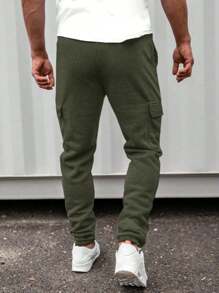 SHEIN Cottnline Men Letter Printed Cargo Pocket Regular Sweatpants - Dark Green - View 2