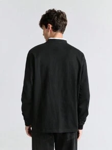 Ontre Men's Letter Print Contrast Trim Round Neck Casual Long Sleeve T-Shirt - Black - View 5