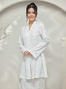 Graceveil Baju Kebaya Baju Kebaya Ditsy Floral V-Neck Long Sleeve Blouse Paired With Long Asymmetrical Skirt, Boho Style Modest - White - View 7