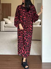 DAZY All-Over Leopard Print Tie Neck Loose Nightgown - Red - View 1