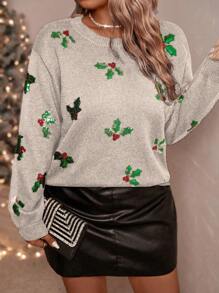 SHEIN Clasi Women's Christmas Knit Crew Neck Sequin Embroidered Basic Pullover Sweater, Anti-Pilling, Elastic, Plus Size, Suitable For Halloween, New Year, Valentine's Day, Thanksgiving, Christmas, Easter, National Day, New Year's Eve Knit Pullover Fall Winter Sweater - Beige - View 1