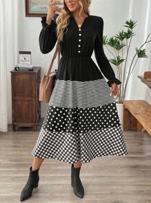 EMERY ROSE Women's Autumn Striped Polka Dot Print Long Sleeve Button Design Elegant Midi Dress - Black - View 6