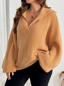 SHEIN VCAY 大码水手领半拉链套头毛衣 - 棕色 - 查看 5