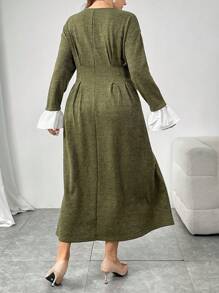 Mulvari Vestido casual simple de manga larga con cuello redondo y cintura, apto para uso diario, talla grande