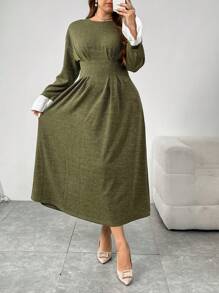 Mulvari Vestido casual simple de manga larga con cuello redondo y cintura, apto para uso diario, talla grande