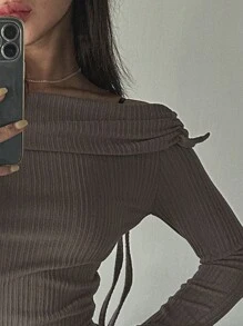 DAZY Áo thun nữ dài tay, kiểu trễ vai, thắt eo, ôm sát, thích hợp mặc mùa thu. - Màu Khaki - Xem 3