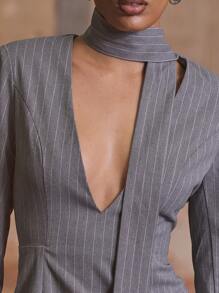 MUSERA Rochie tip cămașă cu dungi și decolteu în V, elegantă, de primăvară și iarnă, stil business, casual - Gri - Vizualizare 5