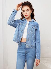 SHEIN Teen Girl Single Breasted Pockets Front Denim Jacket - Light Wash - View 1