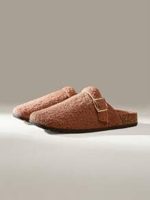 Solecia Sandal Wanita Polos Ujung Bulat Berbulu untuk Tahun Baru, Liburan, dan Hari Valentine - Khaki - View 2