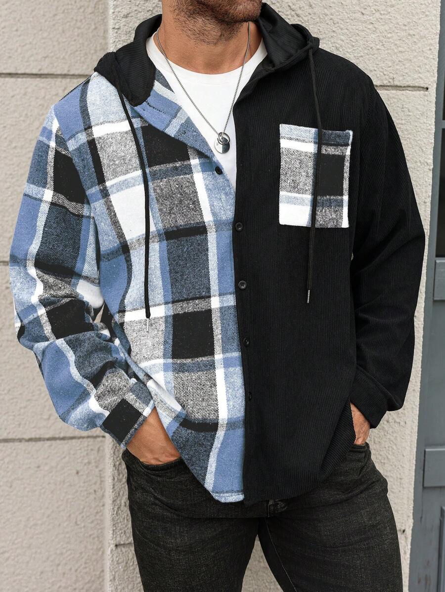 Manfinity Homme 大码男士休闲格子拼接抽绳连帽外套,秋季 - 彩色 - 查看 1