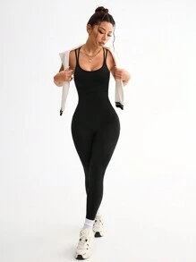 Easithlete Women's Solid Color Simple Fitted Leisure Sports Jumpsuit/Seamless/Waisted - Black - View 5