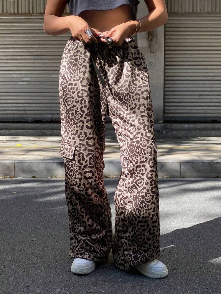 Women's Leopard Print Loose Wide Leg Pants, Elastic Waist Drawstring Pockets Cheetah Print Sweatpants