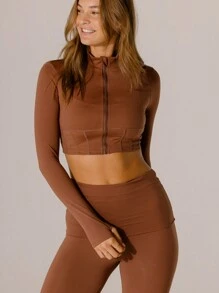 Aralina Leisurewear 巧克力色拉链高领短款运动紧身胸衣上衣 - 駝色 - 查看 5