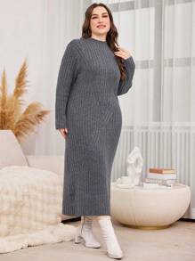 Mulvari Plus Size Solid Color Stand Collar Long Sleeve Casual Knit Dress