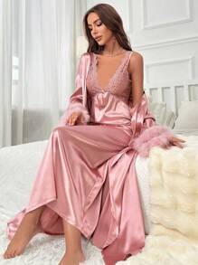 Fuzzy Trim Satin Robe & Contrast Lace Cami Dress PJ Set / Pajama Set - Pink - View 6