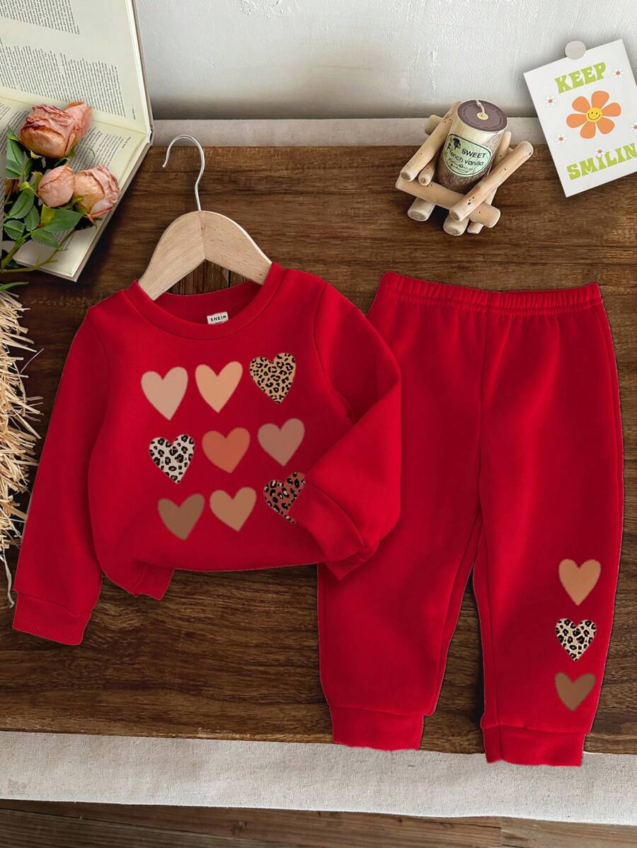 SHEIN Baby Girl Casual Knit Soft Pullover Sweatshirt And Loose Pants 2 Pieces Set, Suitable For Autumn/Winter - Red - View 1
