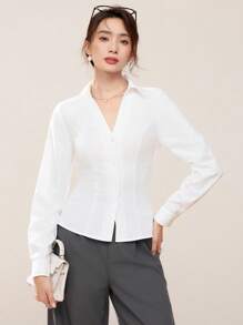 EastFlair 白色对比蕾丝露背长袖衬衫