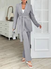 EURMUSE Grey Long Jacket And Straight Pant Two Pieces - Grey - View 4
