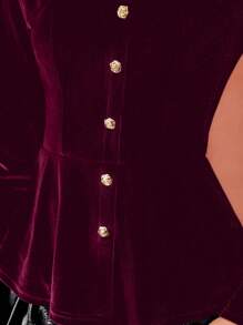 MOTF PREMIUM CONTRAST MESH VELVET BUTTON FRONT SHIRT - Burgundy - View 6