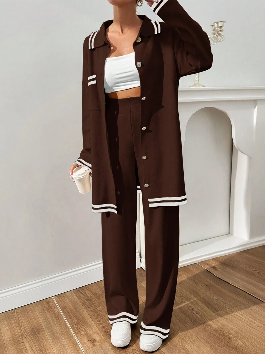 EURMUSE Women Stripe Pattern Pocket Detailed Front Button Cardigan & Sweater Pants Set - Brown - View 1