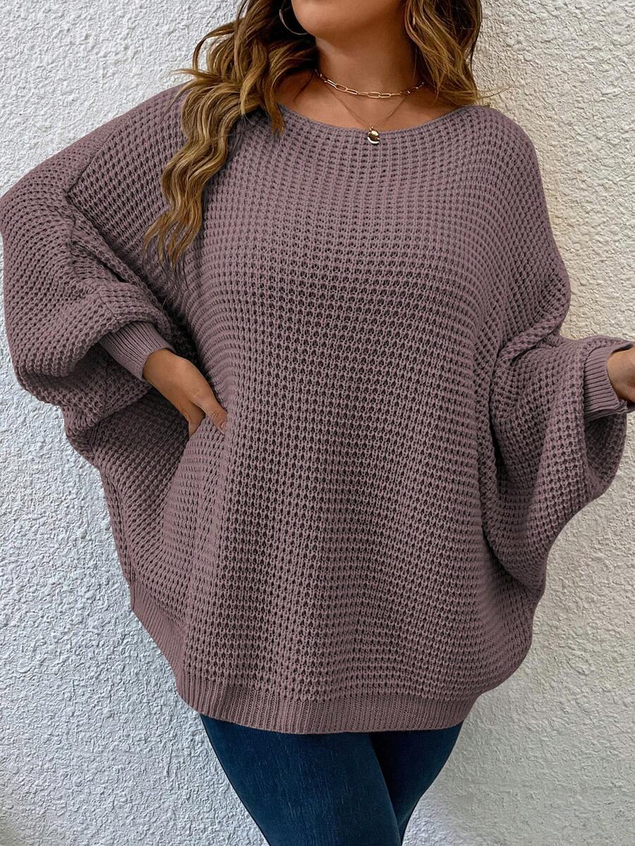 EMERY ROSE Plus Size Women Bat Sleeve Solid Color Crew Neck Pullover Sweater, Autumn/Winter Knit Pullover Fall - Purple - View 1